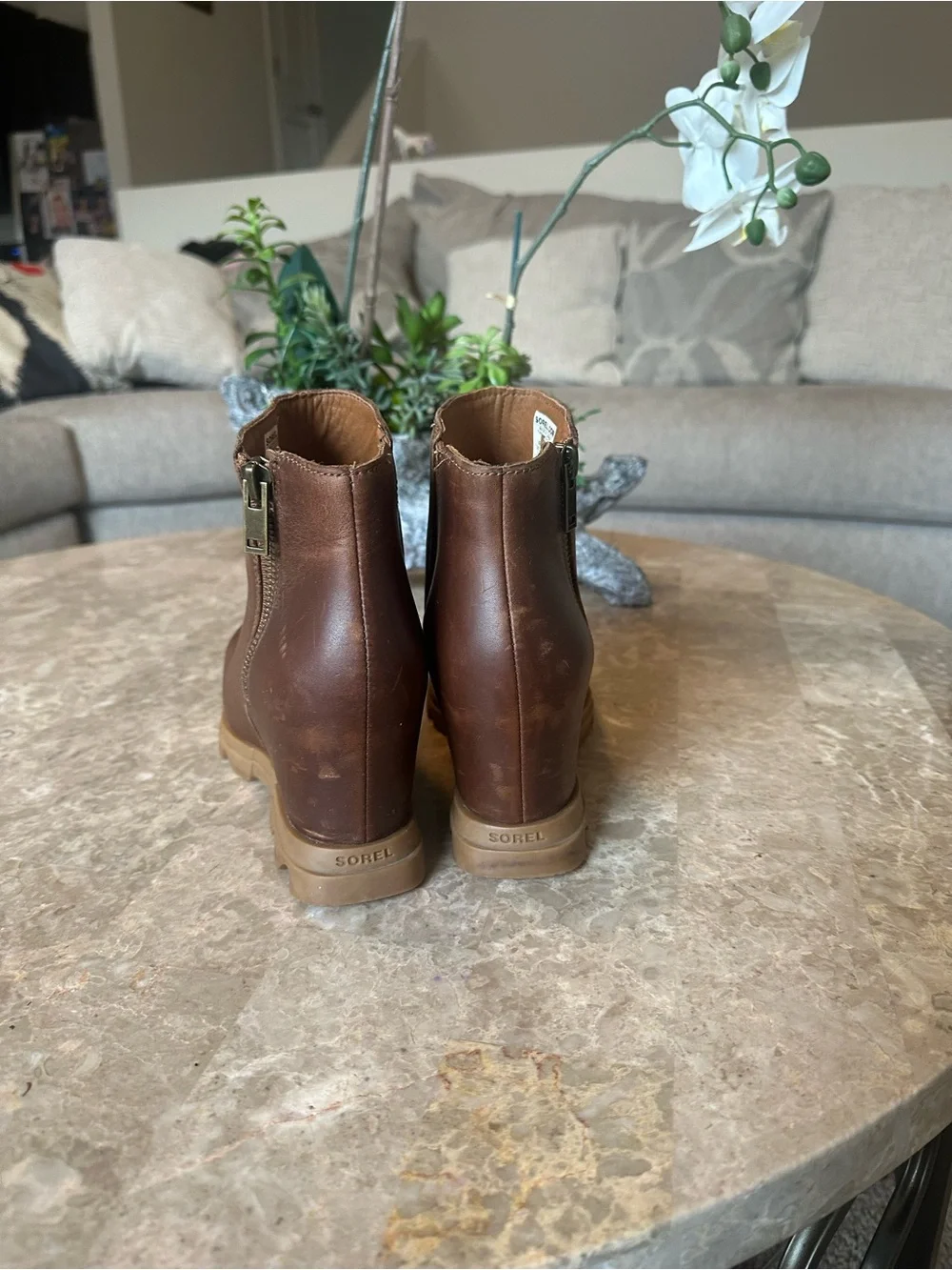 Sorel Brown Leather Wedge Ankle Booties with Side Zip size 9